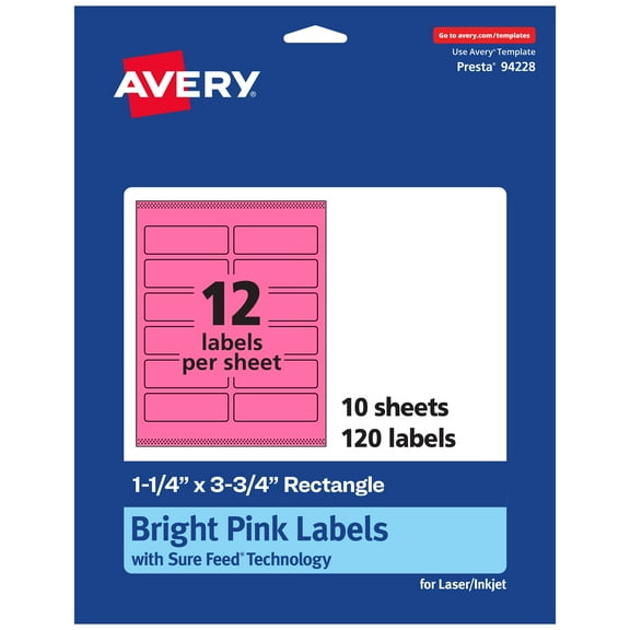 Avery Printable Rectangle Labels, Bright Pink, 1.25" x 3.75", 120ct