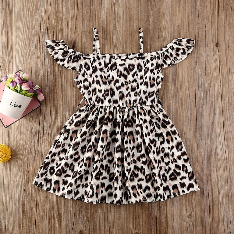 Baby Girl Kids Leopard Print Ruffle Off Shoulder Dresses Girls Casual Dresses Sundress With Belt