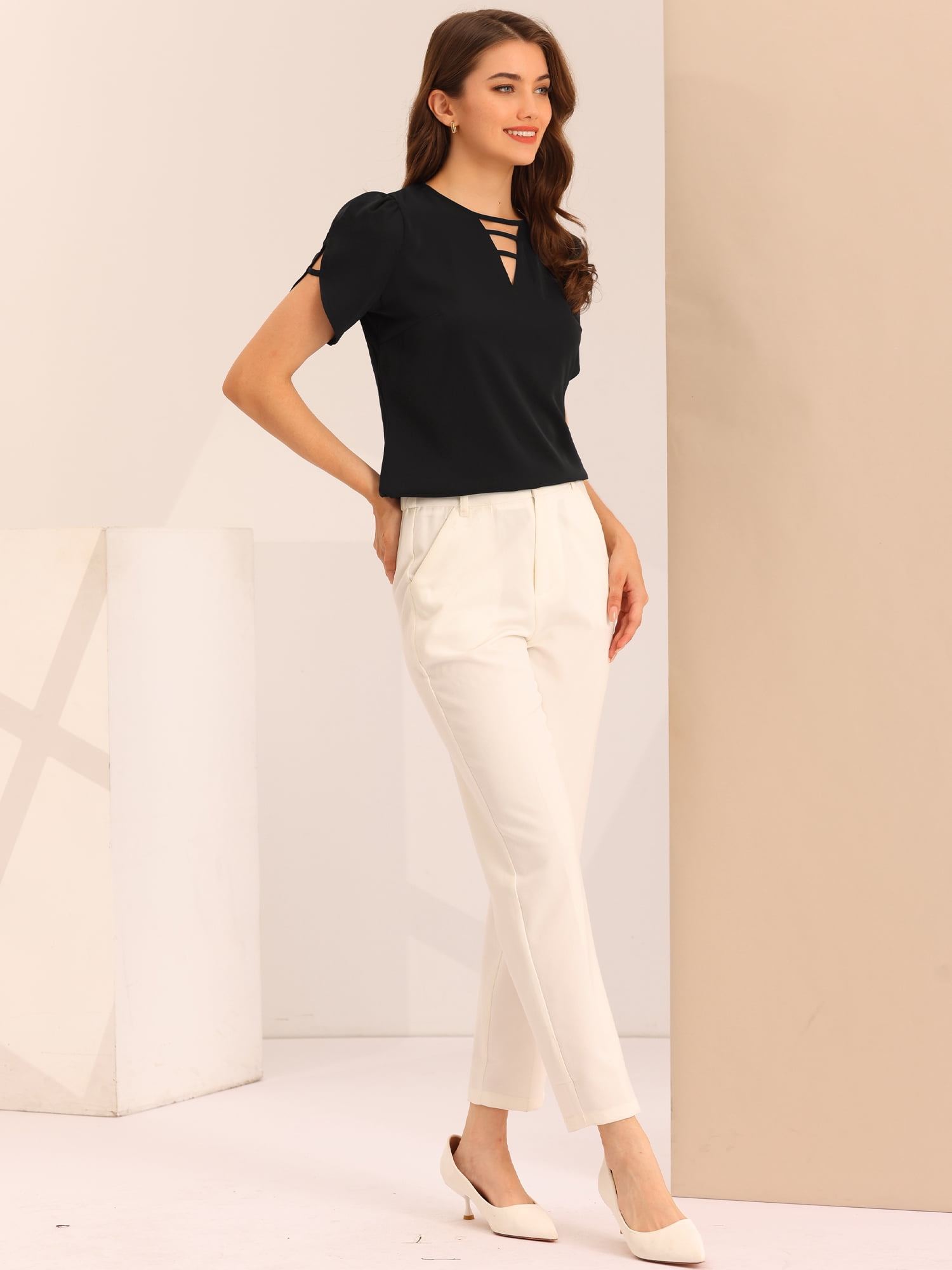 DARING DIVA Cut-Out Split-Neck Blouse Slashed Cuffs Top XS Black