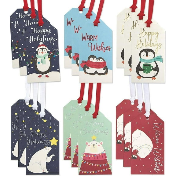 Current Penguins & Polar Bears Gift Tags - Set of 18, 6 Designs, Ties Included, 2 1/4" x 4”