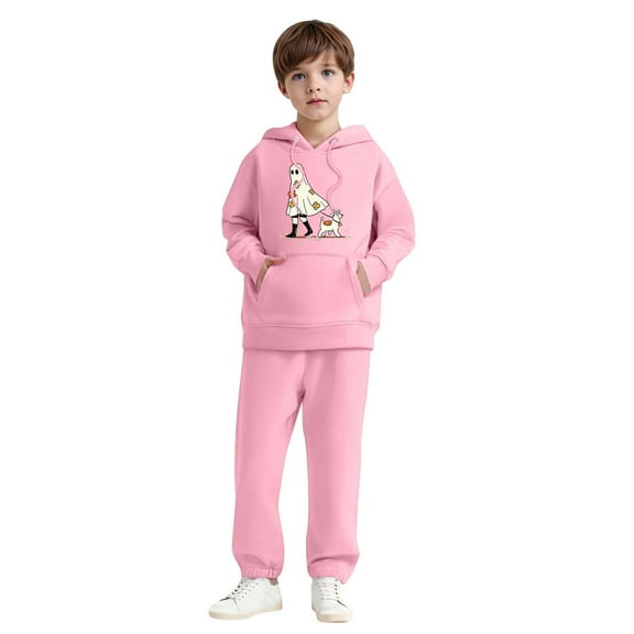 SYMOID Boys Hall-oween Sweatshirt Set 2-Piece Pink Hoodie and Joggers with Ghost Dog Graphic, Kids Tracksuit & Tops,Size 11-12T