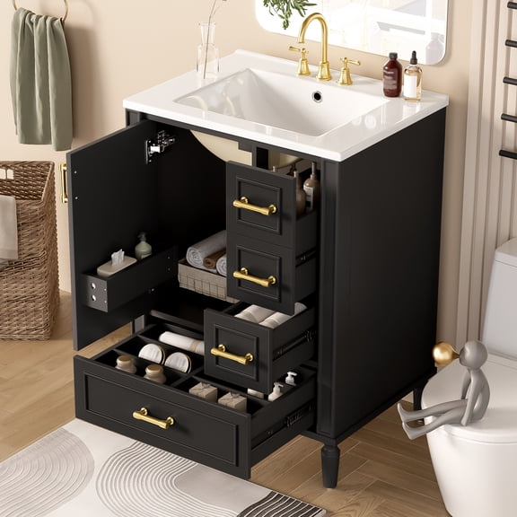 MODERNLUXE 24" Bathroom Vanity with Sink,Freestanding Bathroom Storage Cabinet with Door-Mounted Rack,1 Soft Closing Door & 3 Drawers, Undermount Bathroom Sink Combo Set for Small Space,Black