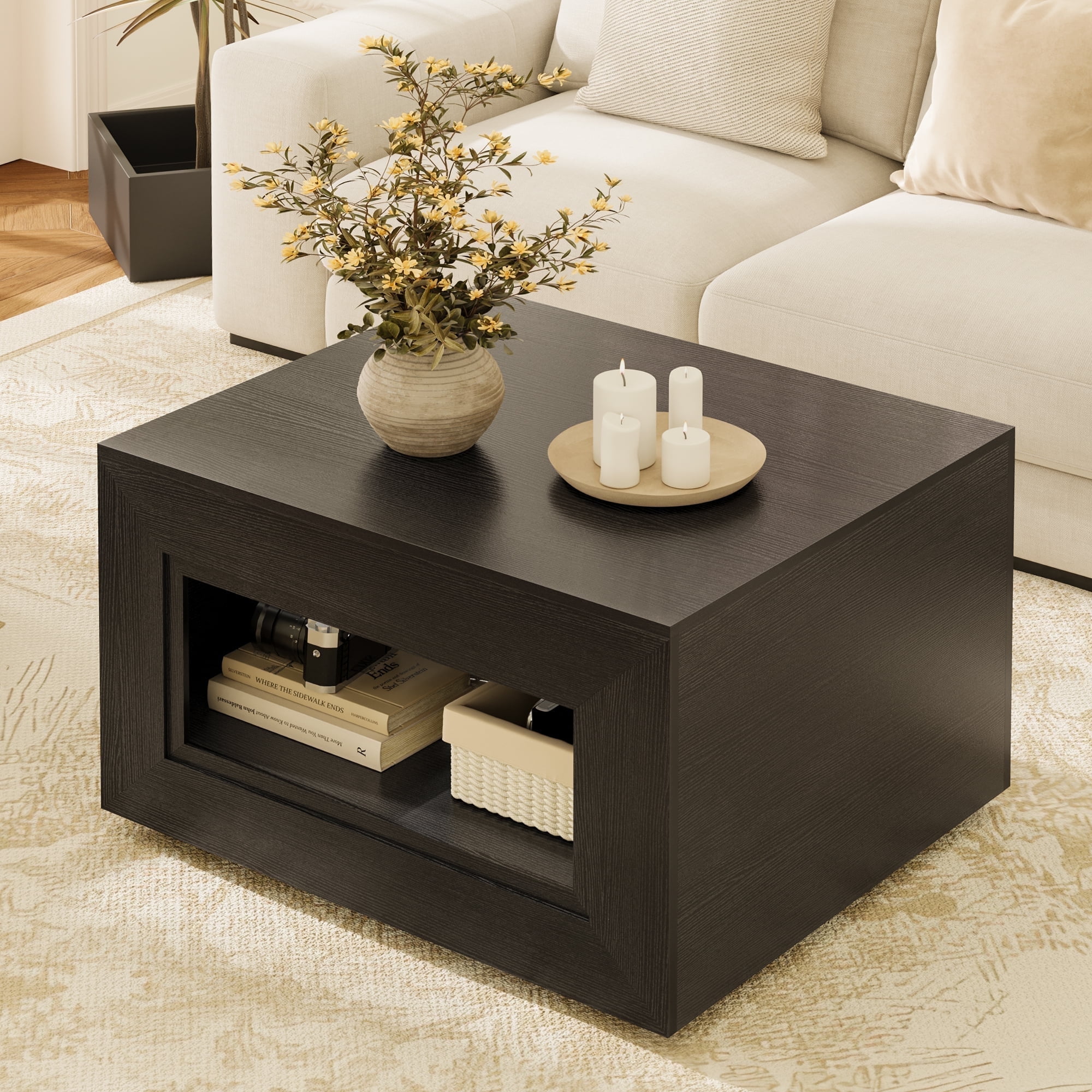 GUNAITO Lift Top Coffee Table with Storage, Wooden Convertible Coffee Table with LED Lights for Living Room, Square Center Table, Black