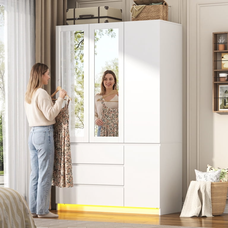 armoire dresser White 41.3 in. 3-Door Wooden Wardrobe Armoire with Mirror, 2-Drawers, Shelves, a Hanging Rod, Top Cabinet