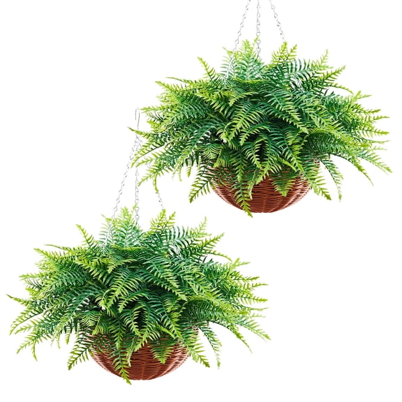 KFFKFF Artificial Ferns, Set of 2 Hanging Boston Fern Bush Plants with 23-Inch Length, Plastic Faux Greenery for Indoor and Outdoor Decoration, Suitable for Walls, Weddings, Home, Porch, Garden