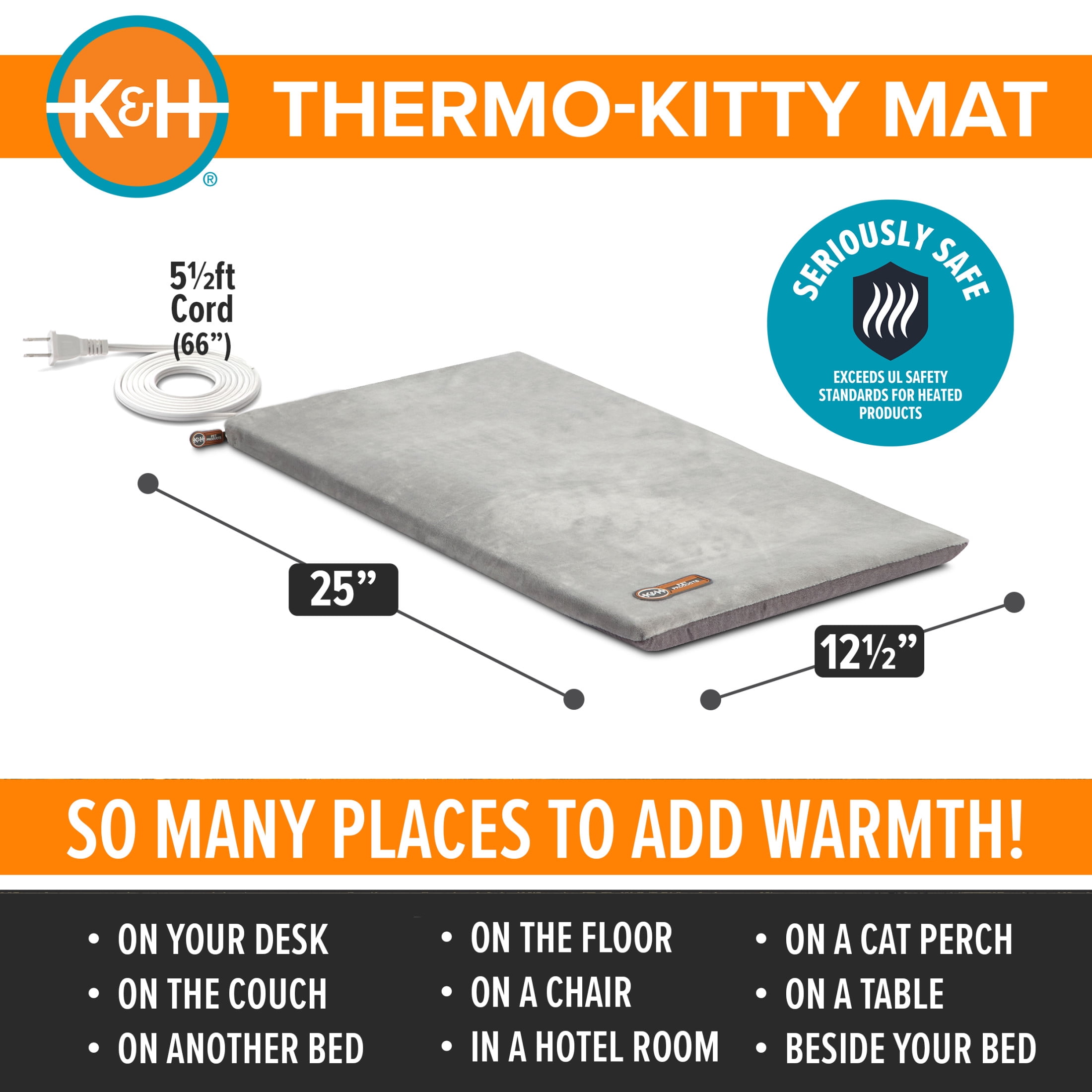 K&H Pet Products Thermo-Kitty Mat Heated Cat Bed Gray 12.5 X 25 Inches