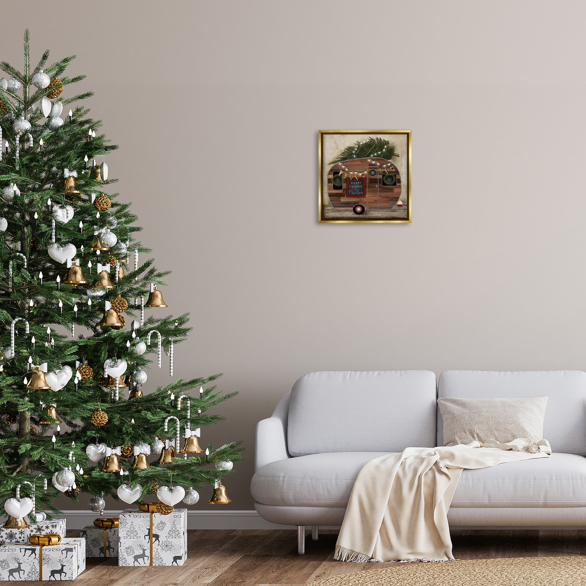 Stupell Industries Happy Camper At Christmas Holiday Painting Gold Floater Framed Canvas Art Print Wall Art, 18 x 18