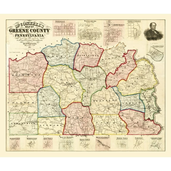Historic County Map - Greene County Pennsylvania - McConnell 1865 - Vintage Wall Art