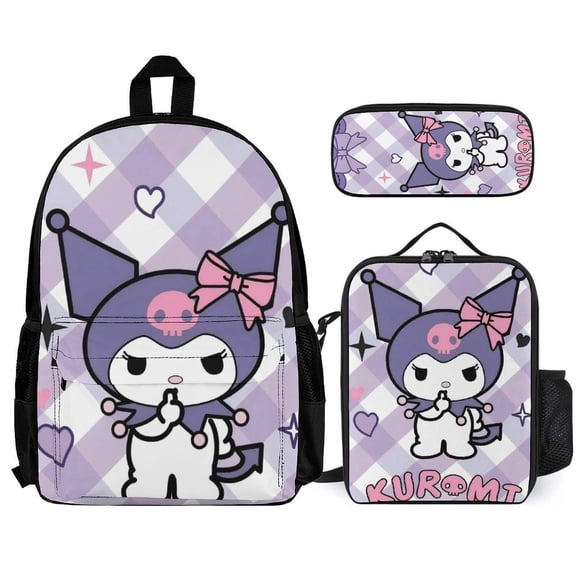Kuromi Fun cartoon three-piece backpack set: includes backpack lunch box and pencil case One size