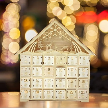 Edgergery Pre-Light Wooden Christmas Decoration Arrival Day 24 Day Countdown Calendar Ornament,LED 24 Day Advent Calendar Decorated with Christmas Tree House and LED Lights,Christmas Clearance