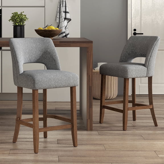 VKNOW Bar Stools Set of 2, 26" Upholstered Counter Height Bar Stools, Modern Counter Stools with Wood Legs for Kitchen Island Dining Room Bar,Gray