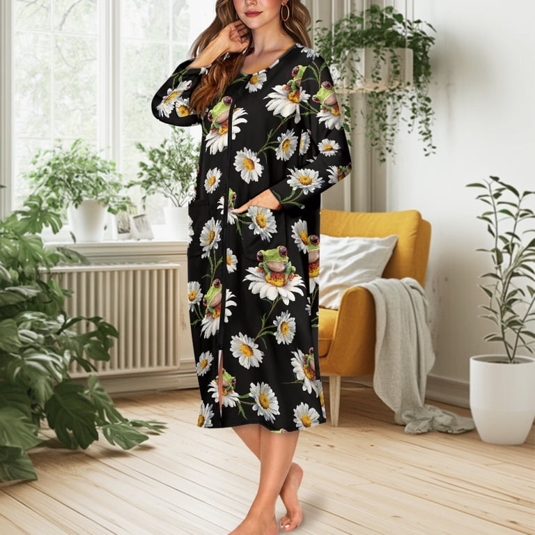 ForUDesigns for U Designs Frog Daisy Pattern House Dresses for Woman Soft Long Sleeve House Dresses for Older Women Comfortable Zipper Dusters Robe