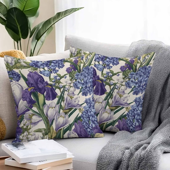 Throw Pillow Covers 18x18 Inch Set of 2, Spring Flowers Waterproof Outdoor Pillow Covers, Purple Hydrangea Orchid Floral Country Beige Decorative Cushion Pillowcases for Couch, Sofa, Bed, Patio
