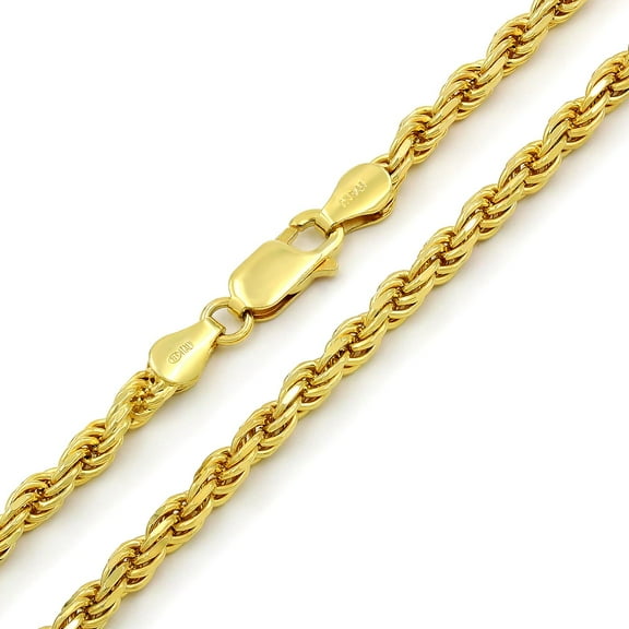 925 Italian Sterling Silver 4mm Solid Rope Diamond Cut Chain, FREE Microfiber Cloth, Yellow Gold Plated Link Mens Womens Necklace, Giorgio Bergamo