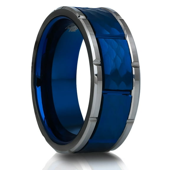 Blue Tungsten Wedding Ring,8mm Wedding Ring,Hammered Wedding Ring,Tungsten Carbide Ring,Silver Tungsten Ring,Comfort Fit Ring