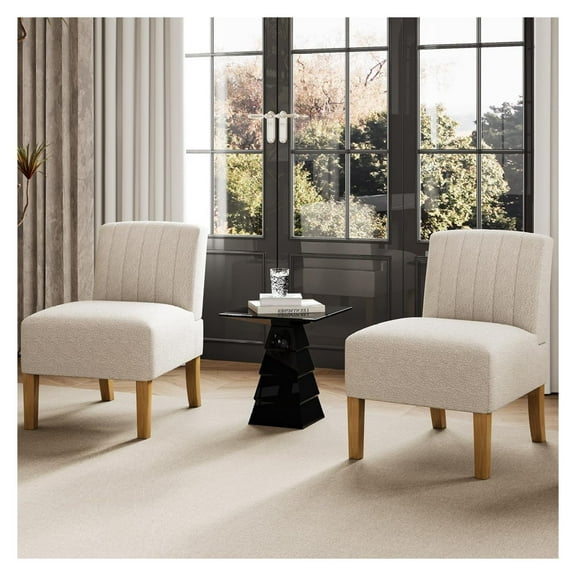 Armless Accent Chairs Set of 2 for Bedroom, Bedroom Chair for Bedroom Living Room Chair with Solid Wood Legs, Makeup Vanity Chair Fabric Comfy Upholstered Reading Chair Accent Chair,Beige