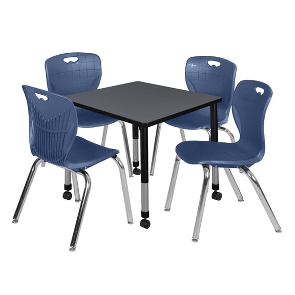 Regency Kee 30" Square Height Adjustable Mobile Classroom Table - Grey & 4 Andy 18-in Stack Chairs- Navy Blue