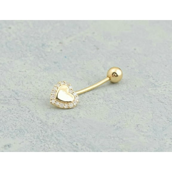 14K Solid Gold Heart Shape Belly Button Piercing Natural Diamond.