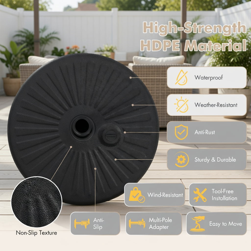 Resenkos Outdoor Umbrella Base, 19.5 Inch Fillable Round Umbrella Base Stand for Yard Garden Poolside-Black, Black