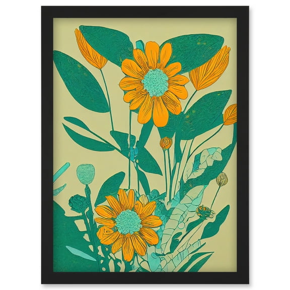 Yellow Flower Painting Turquoise Colourful Bold Artwork Framed Wall Art Print A4