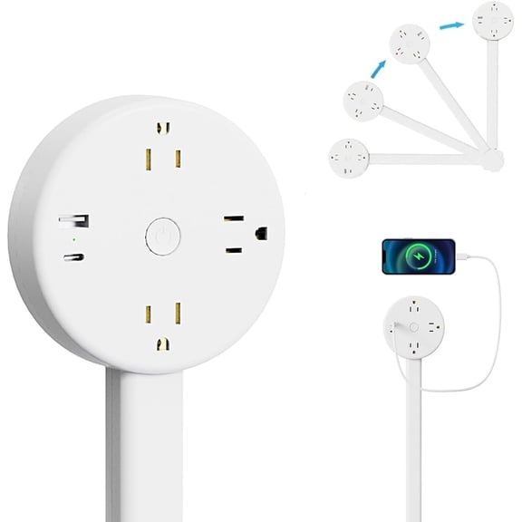 Electrical Outlet Extender,Power Socket Expander Features USB-A, USB-C, and 3 AC Electrical Outlet Extender, 180° Rotating & Extendable for Hard-to-Reach Outlets Behind Couch,Bed,Nightstand,Desk