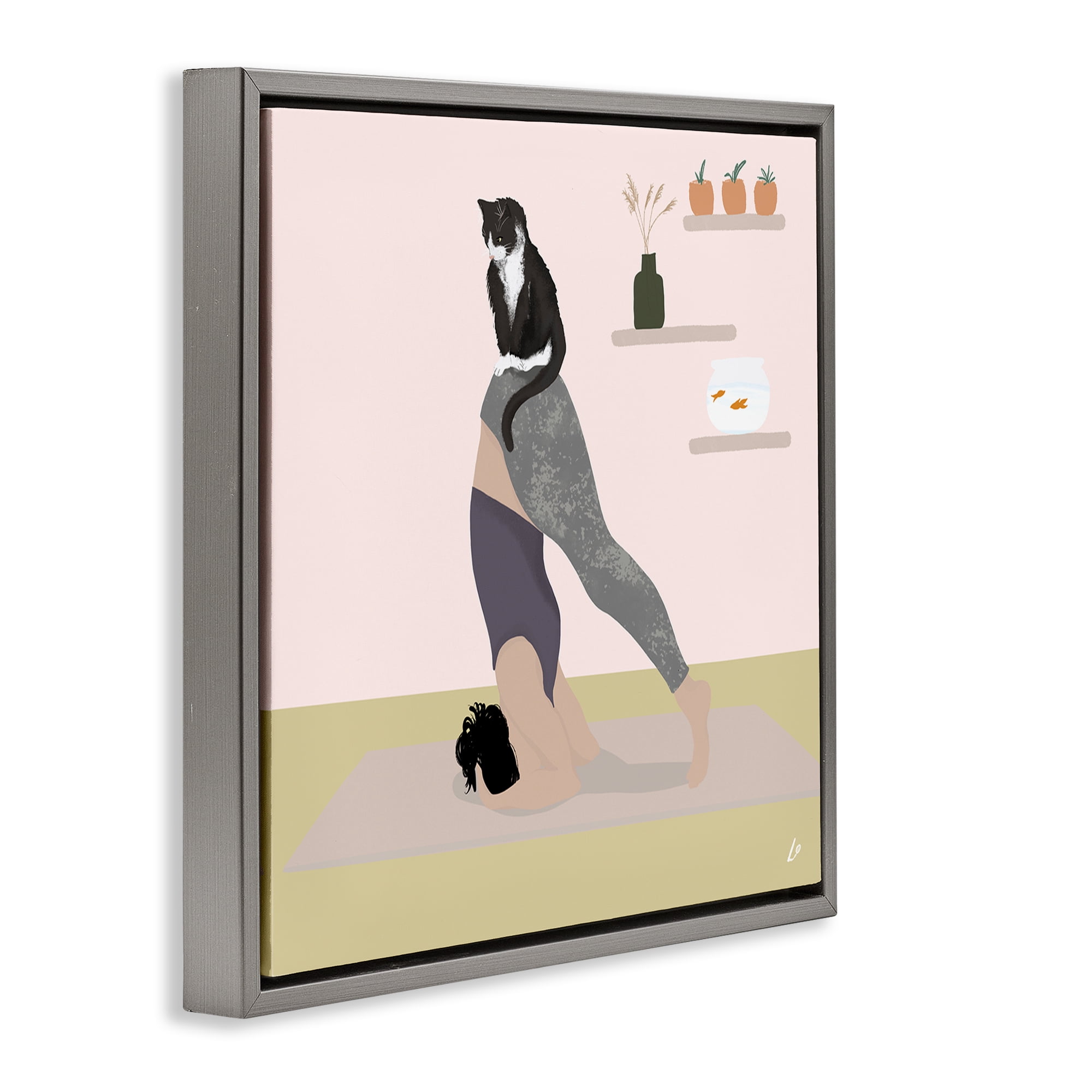 Stupell Industries Downward Cat Yoga Pose People Painting Gray Floater Framed Canvas Art Print Wall Art, 25 x 25