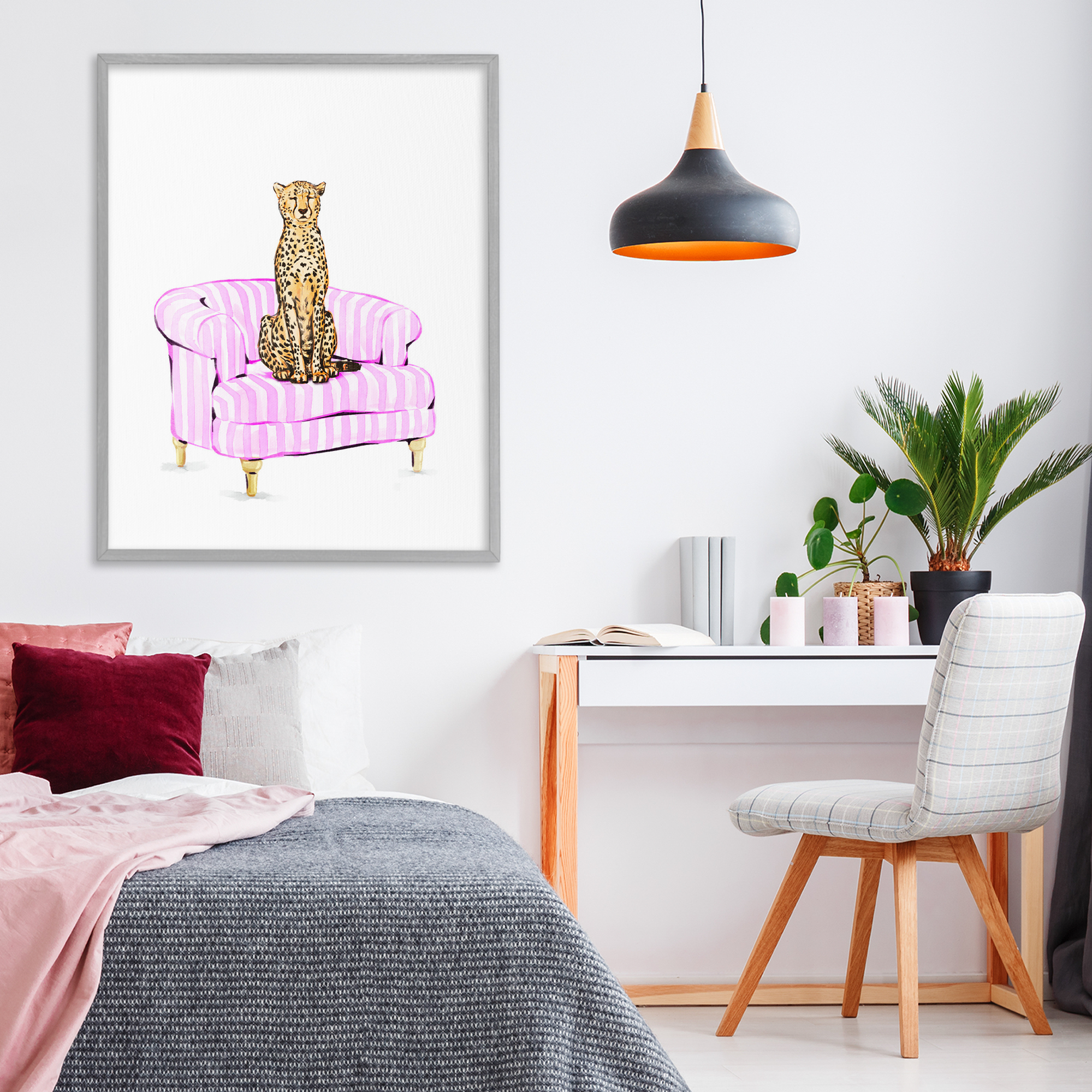 Cheetah on Pink Stripe Chair Gray Framed Giclee Art, design by Ziwei Li