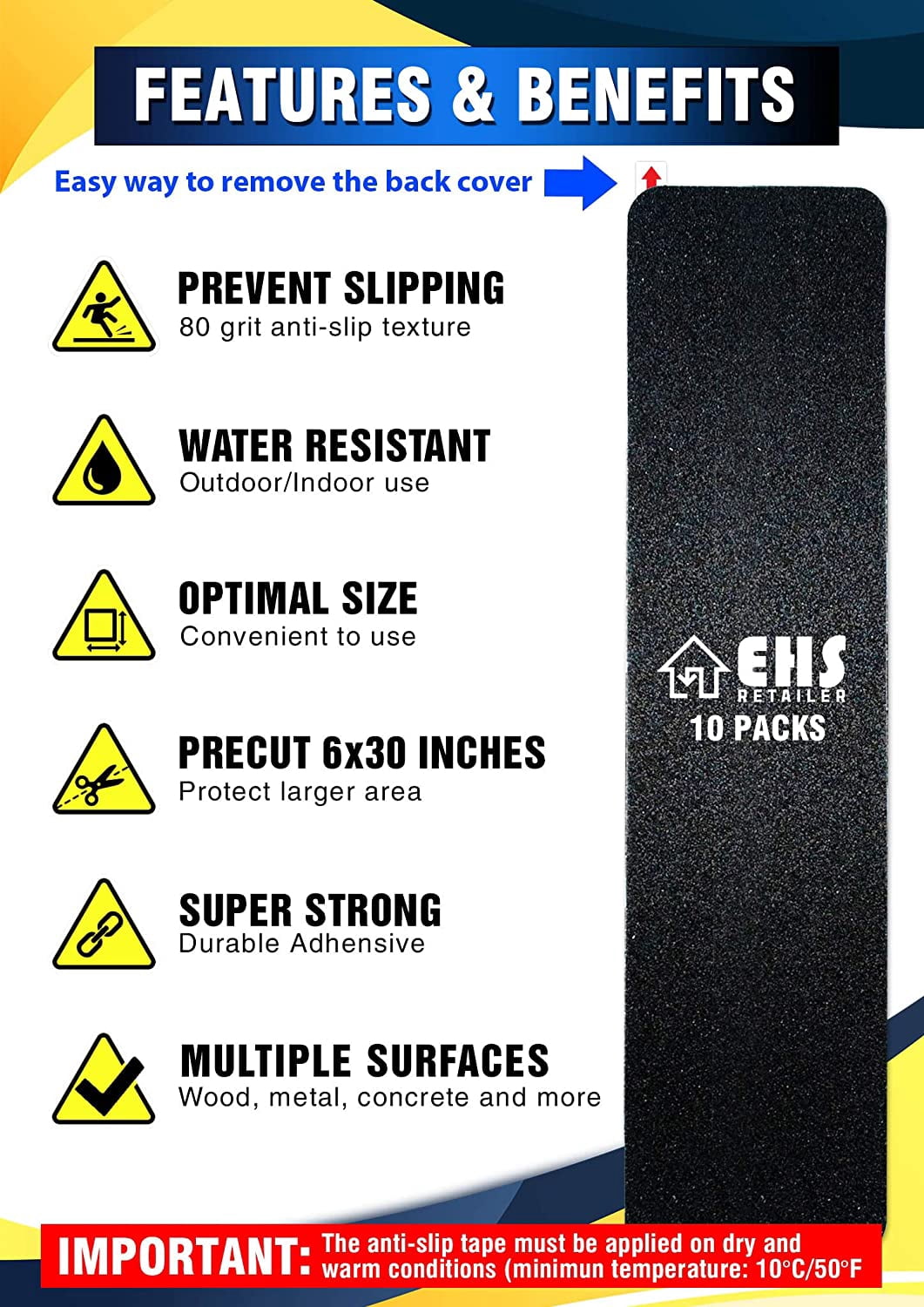 6”x30” Anti Slip Tape Outdoor Stair Treads Non-Slip (10-Packs Black) Non Slip Tape Grip Strips Three Layer Design