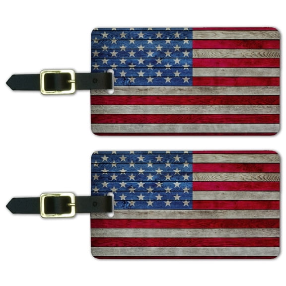 Rustic American Flag Wood Grain Design Luggage ID Tags Suitcase Carry-On Cards - Set of 2