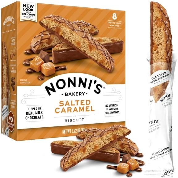 Nonni's Salted Caramel Biscotti Italian Cookies - Biscotti Individually Wrapped Cookies - Italian Biscotti Cookies w/Rich Milk Chocolate & Sea Salt - Kosher - 6.72 oz
