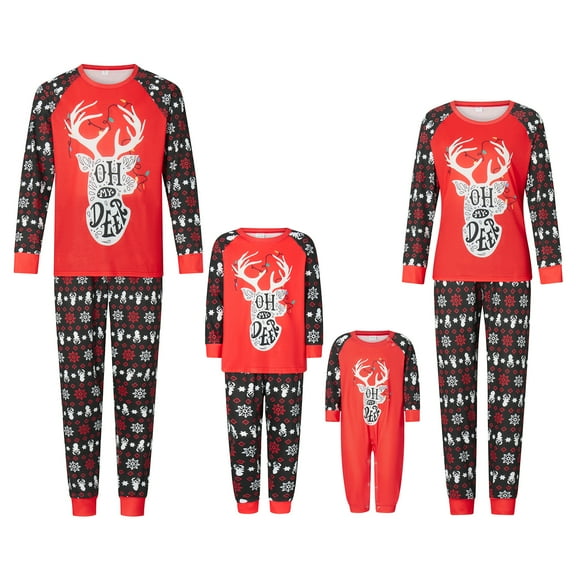 Christmas Family Pajamas Matching Set, Long Sleeve Deer Print T-shirt with Snow Print Pants Sleepwear Loungewear