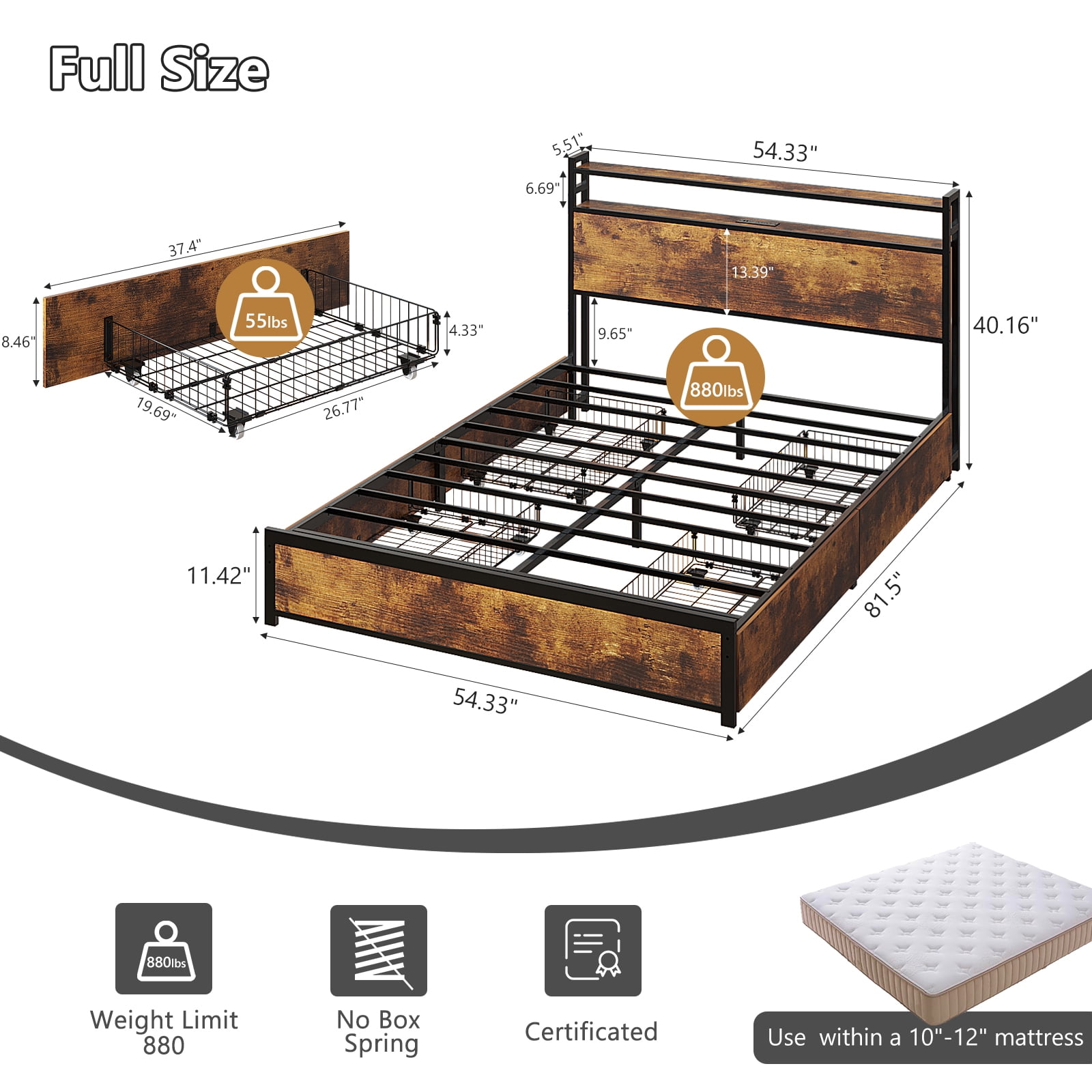 Zimtown Full Bed Frame with 2-Tier Storage Headboard, Metal Platform Bed Frame with 4 Storage Drawers, Built in Charging Station & LED, Vintage Brown