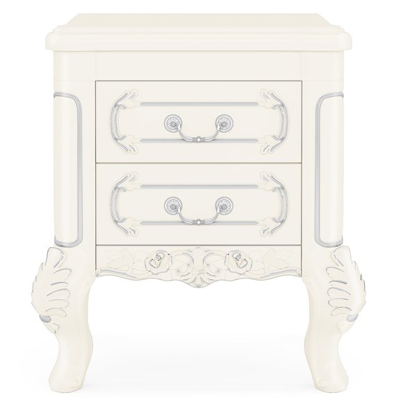 Resenkos Elegant Carved Nightstand, Dual Drawer End Table for Bedroom, Sturdy & Stylish, White