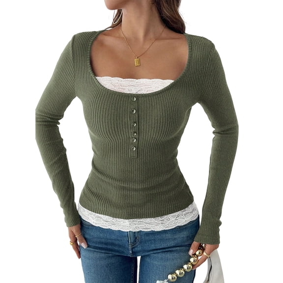 Lace Henley T-Shirts for Women Button Down Slim Fit Tops Long Sleeve V-Neck Tunic Top Blouse Green L