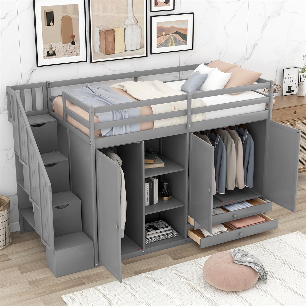Twin Size Loft Bed, Functional Loft Bed with 2 Wardrobes and 2 Drawers