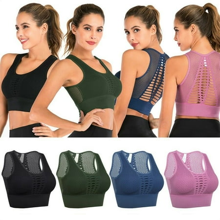 

Ladies Removable Sports Bra Crewneck Hollow Mesh Back Yoga Underwear Dancing Gym