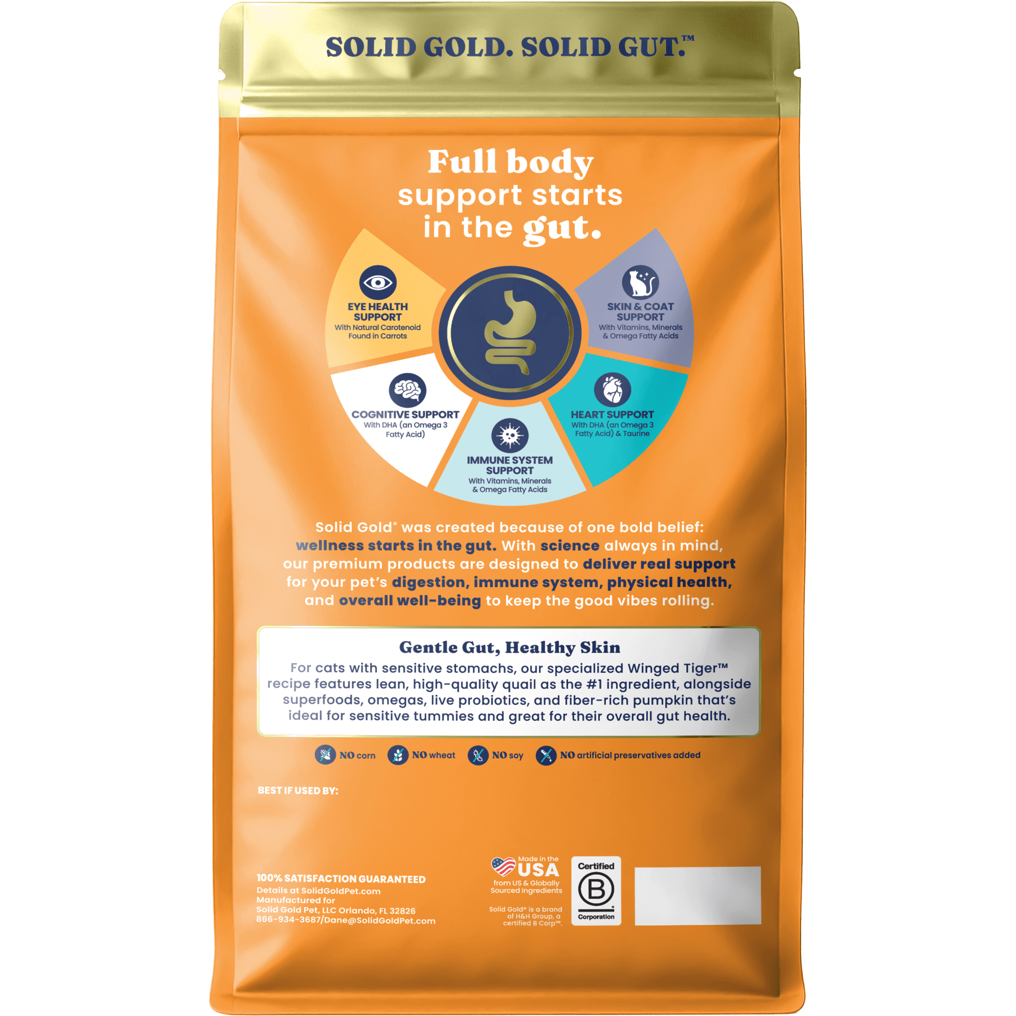 Solid Gold Sensitive Stomach Dry Cat Food - Made with Real Quail and Pumpkin - Winged Tiger Grain Free Cat Food for Adult and Senior Cats - Promotes Gut Health and Immune Support - 6 lb