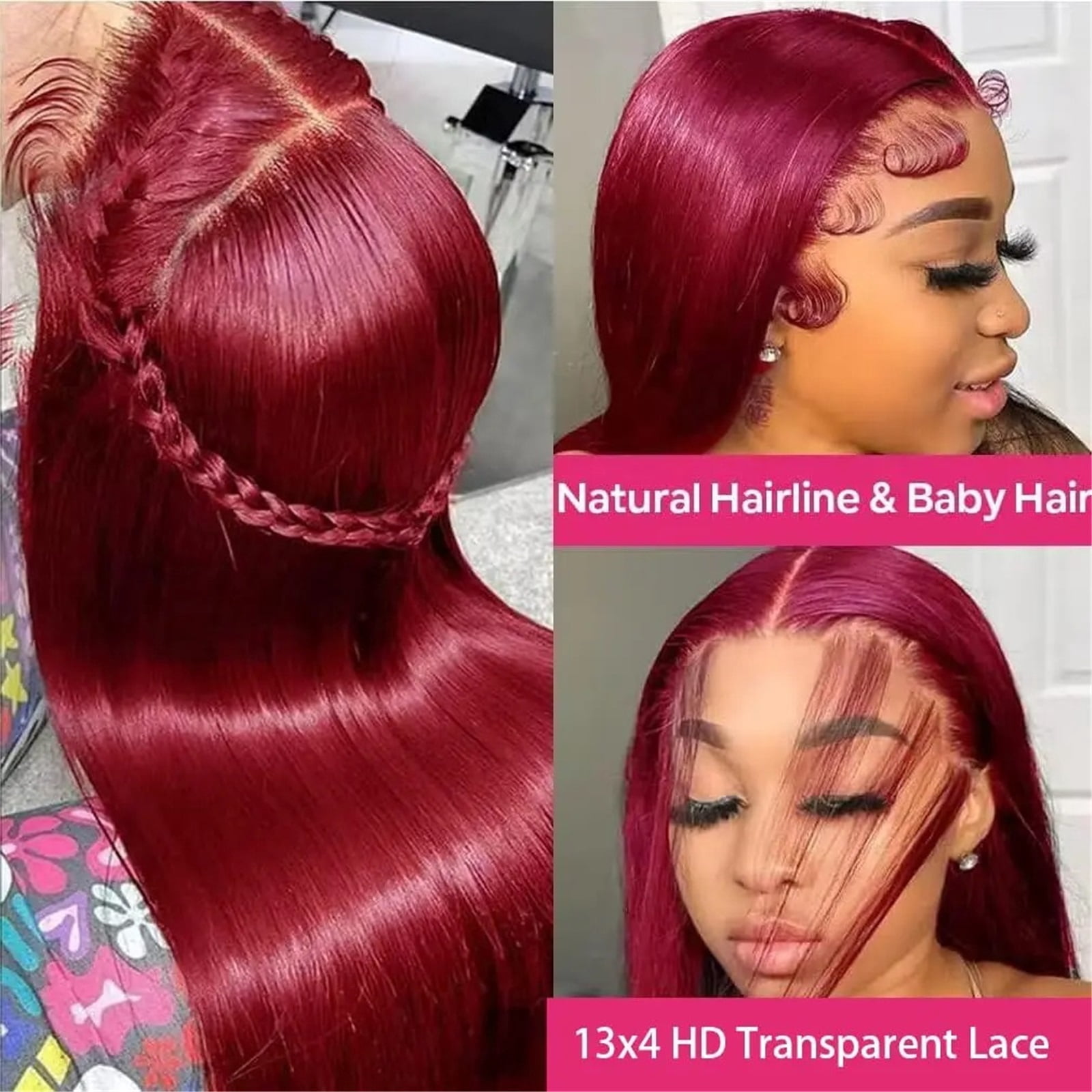 Burgundy 13x4 HD Transparent Lace Frontal Wigs Human Hair Pre Plucked Straight for Black Women