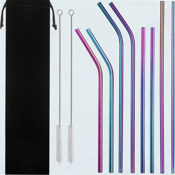 Metal Stainless Steel Straws,Set of 10 10.5" 8.5" Rainbow Multi-Colored Reusable Drinking Straws for 20oz/30oz Yeti,Metal Straws for Drinks(4 Straight 4 Bent  2 Brushes 1 Pouch)