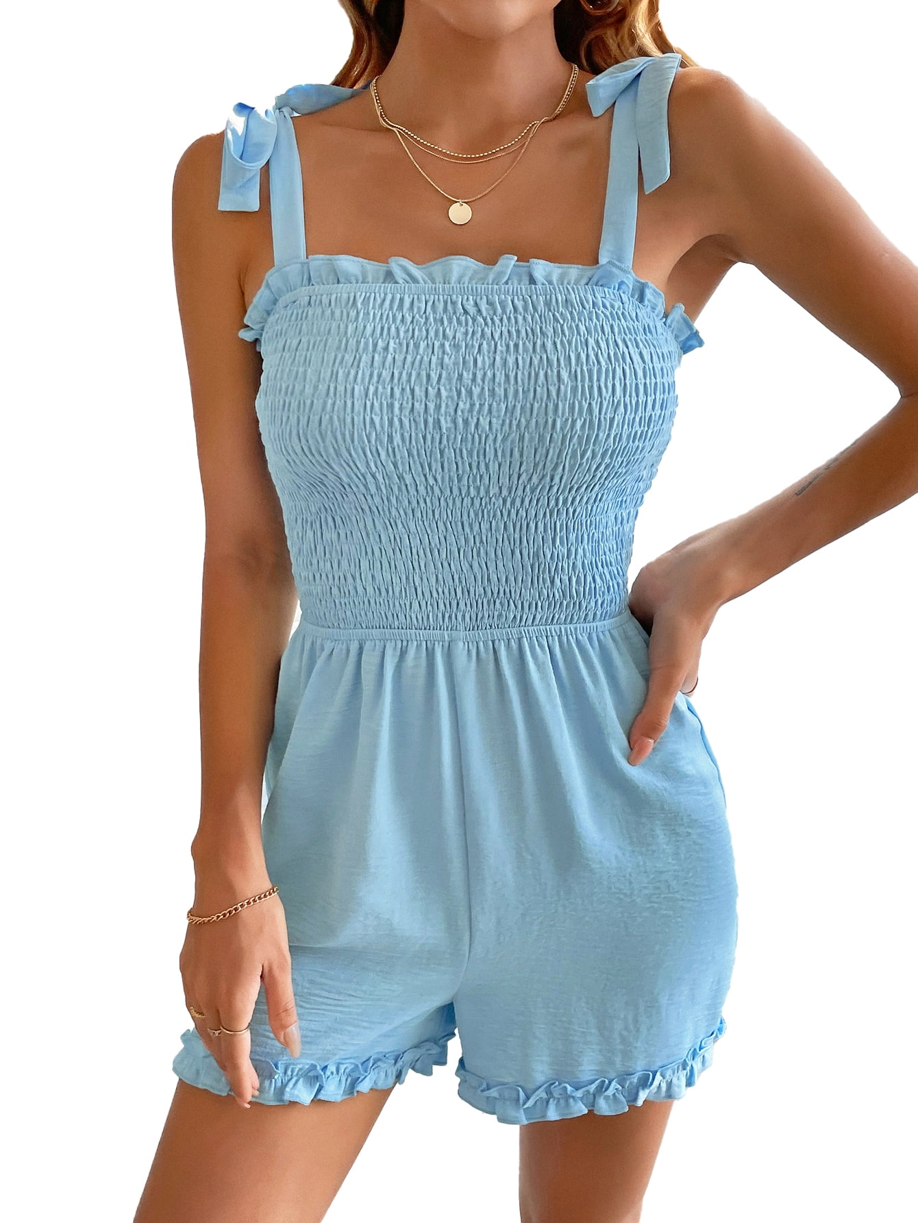 EILLY BAZAR Cami Romper for Women Knotted Shoulder Shirred Frill Trim