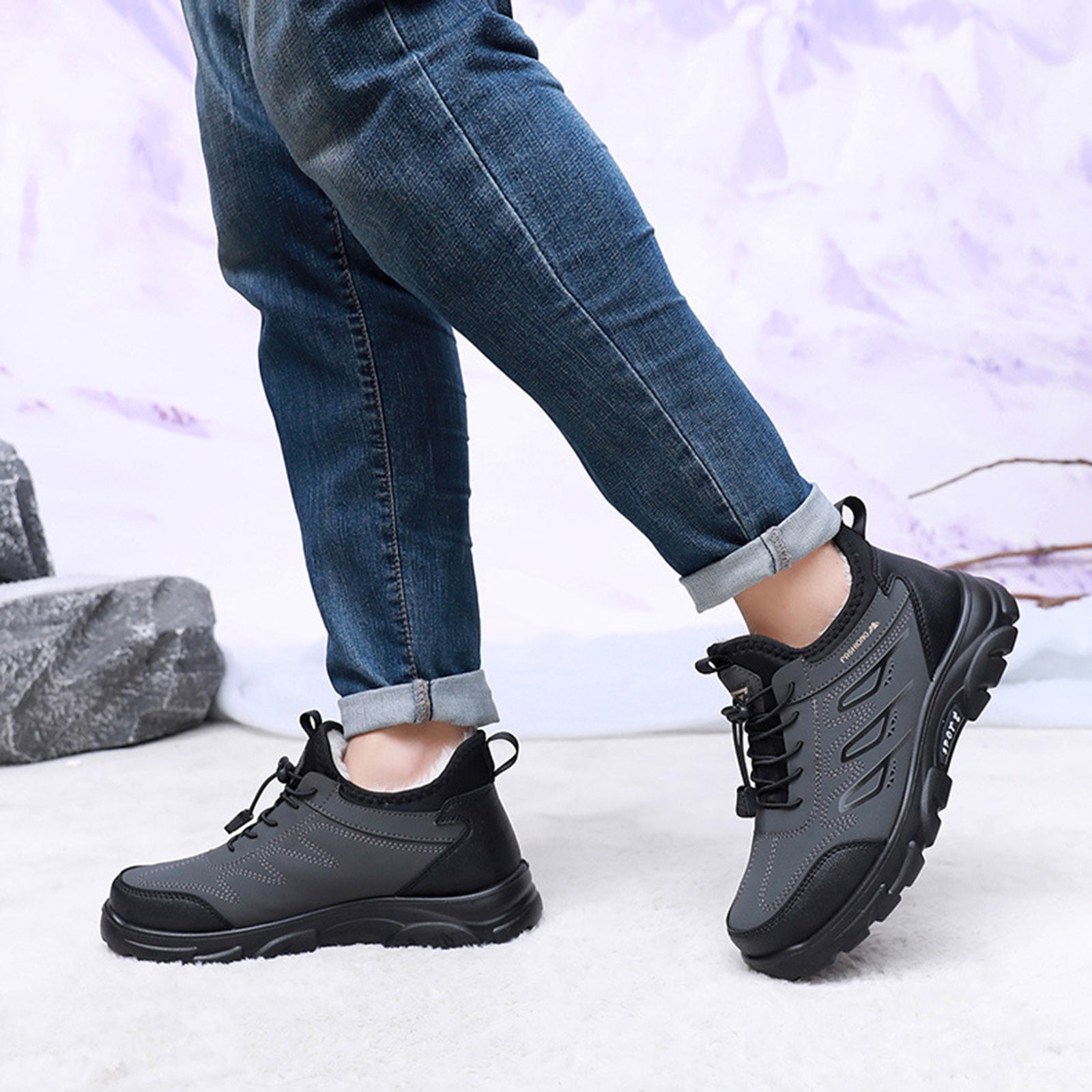 Snow Boots for Men Thickened Warm Comfy Furry Lined Winter Hiking Shoes Adjustable Strappy Fashion Waterproof Leather Outdoor Sneakers Gray Size 10