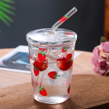 Rupoun Clear Glass Coffee Mug Juice Cup with Strawberry Pattern, Straw and Lid, 10.1 fl oz / 300 ml