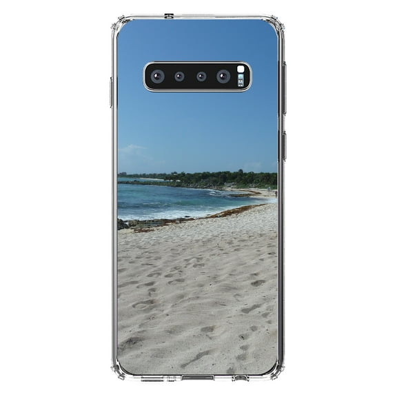 DistinctInk Clear Shockproof Hybrid Case for Samsung Galaxy S10 (6.1" Screen) - TPU Bumper, Acrylic Back, Tempered Glass Screen Protector - Beach Scene Akumal Mexico