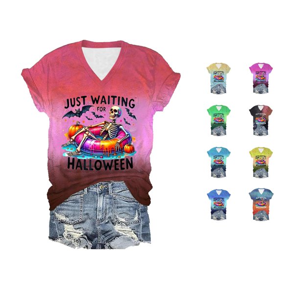 Tanghaowl Womens Halloween Shirt Just Waiting For Halloween Shirt Skeleton Graphic T Shirt Funny Halloween Tee for Festive Fun Red L