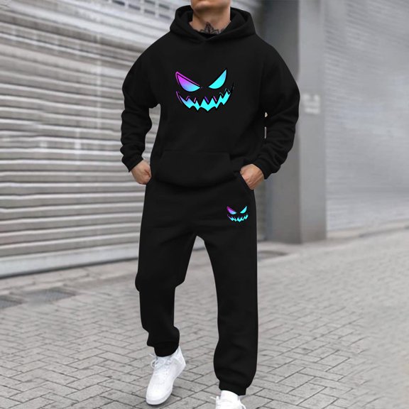 Gamivast Novelty Halloween Outfit for Men Monster Smile Print Hoodie and Pants Set Scary Graphic Tracksuit for Party Casual Daily Lounge Sporty Wear