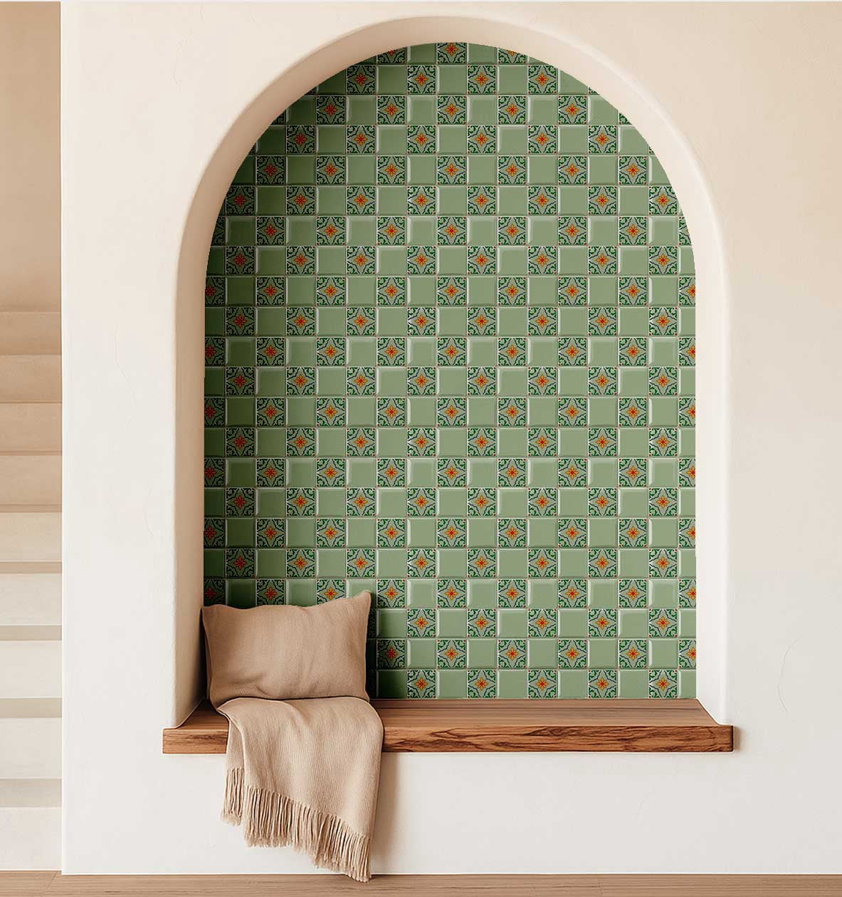 S4Sassy Mosaic Tile Wallpaper - Green Wall Covering, 25" X 120" Self-Adhesive Plain Vinyl Wall Paper, Walls Wrap, Botanical Removable Wallpaper For Bedroom, Nursery, Study