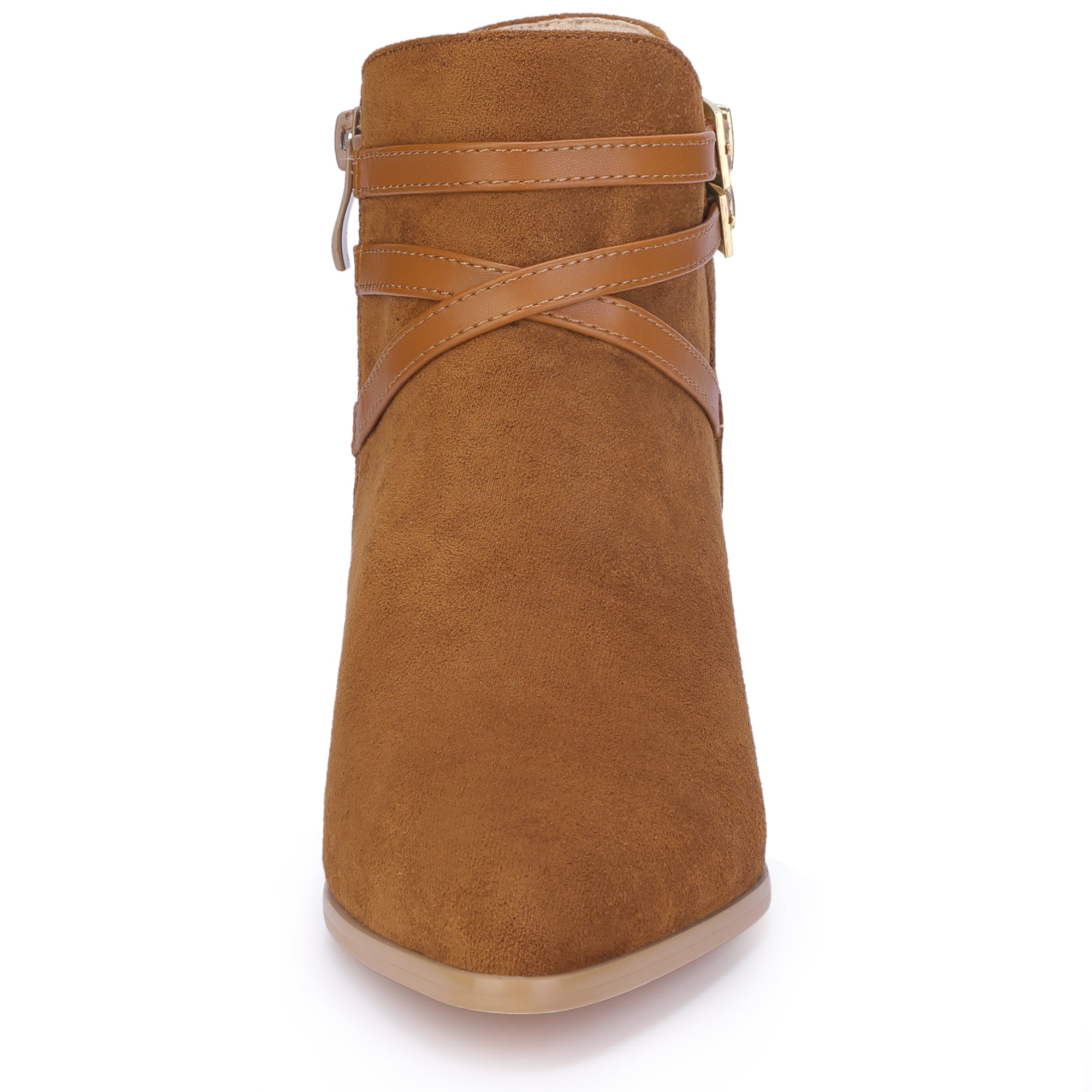 DARING DIVA Strappy Pointed Toe Buckle Chunky Heel Ankle Booties Brown 7