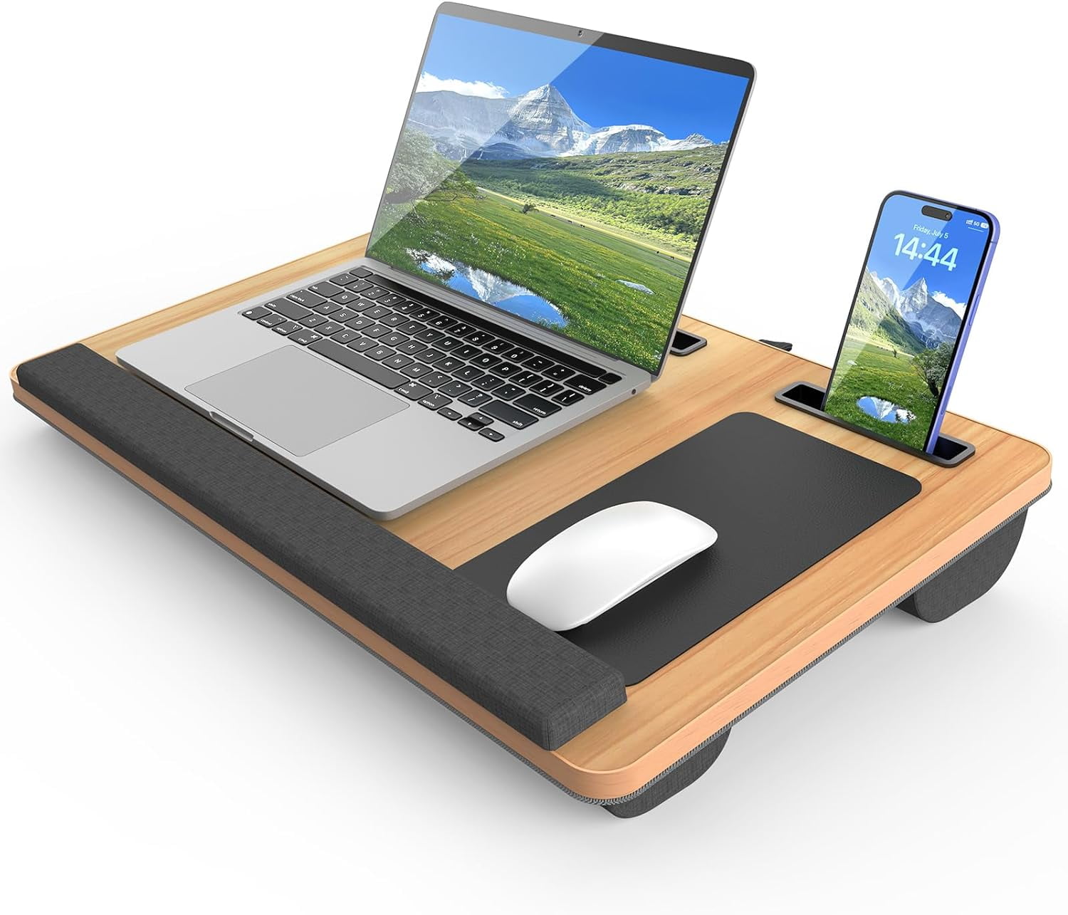 Laptop Lap Desk, Portable Large Laptop Desk for Bed, Up to 17 in Lap Table with Wrist Rest, Mouse Pad, Tablet Phone Slot, Portable Handle, Lap Tray with Cushion (Dark Brown)