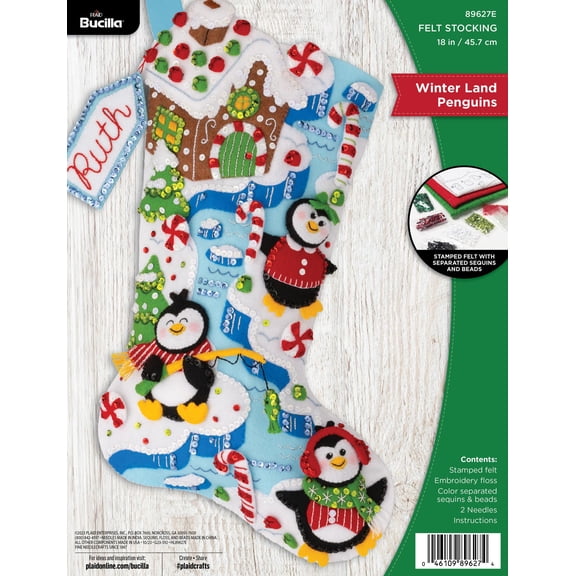 Bucilla Felt Applique 18" Stocking Making Kit, Winter Land Penguins, Perfect for DIY Arts and Crafts