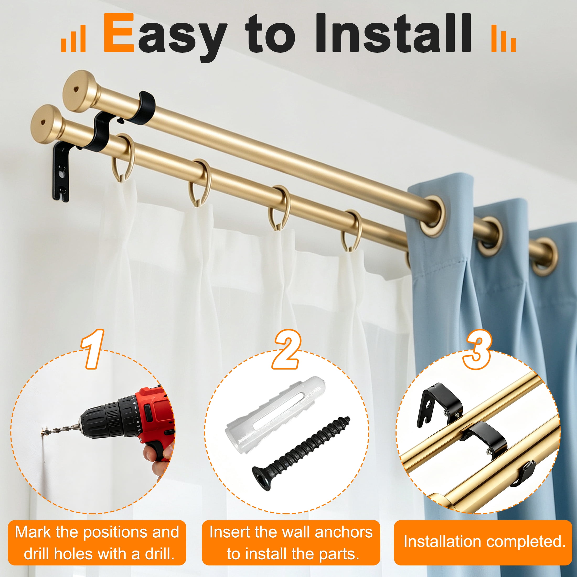 6 Pack Double Curtain Rod Brackets, Heavy Duty Black Curtain Rod Holders, Metal Curtain Rod Wall Mount Bracket for 0.7"-1.02" Rods
